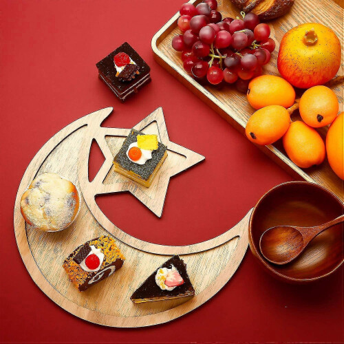 New 2 Sets Ramadan Wooden Tray Moon Star Tableware Eid Mubarak Serving Tableware 2