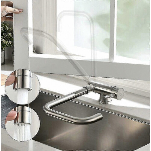Under Window Folding Kitchen Mixer Tap, 2 Spray Modes, 360-Degree Swivel Spout, Brushed Finish