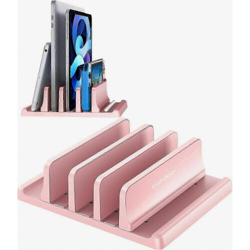 Vertical Laptop Stand with 3 Slots, Adjustable Width Desk Holder, Space-Saving Tablet Stand, Pink