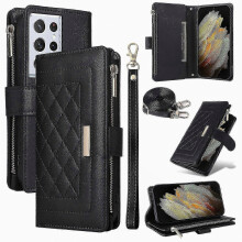 Leder-Reißverschluss-Geldbörsenhülle kompatibel mit Galaxy S21 Ultra 5G, Handyhülle aus PU-Leder mit Kartenfächern und Handschlaufe