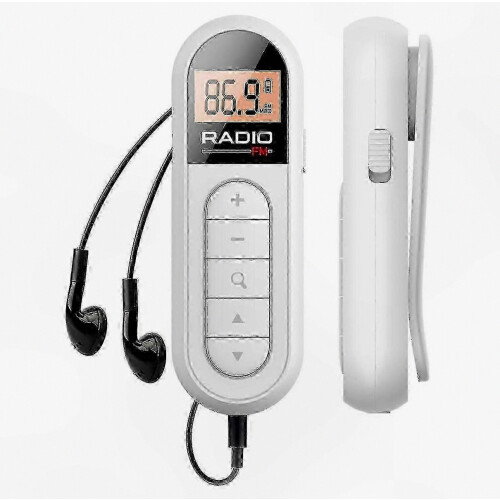 Radio FM compacte rechargeable avec écran LCD rétroéclairé, prise casque 3,5 mm et format portable. 1