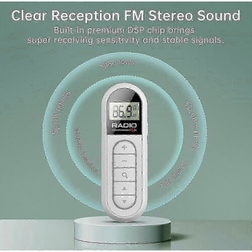 Radio FM compacte rechargeable avec écran LCD rétroéclairé, prise casque 3,5 mm et format portable. 2