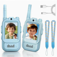Walkie Talkies de vídeo para niños, paquete de 2, videointercomunicador portátil recargable con cámara, cambiador de voz, alcance de 1,