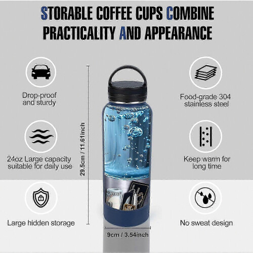 Bouteille d'eau sécurisée cachée de 710 ml (24 oz), bouteille secrète en acier inoxydable avec compartiment caché pour argent, clés et 1