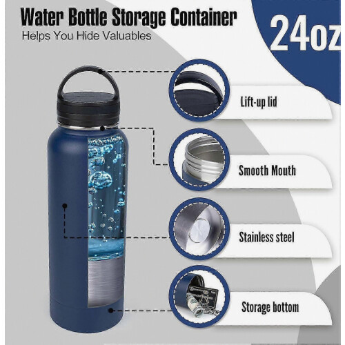 Bouteille d'eau sécurisée cachée de 710 ml (24 oz), bouteille secrète en acier inoxydable avec compartiment caché pour argent, clés et 2
