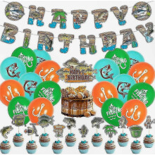 Verjaardagsdecoraties met visthema, inclusief banner, ballonnen en cupcakeversieringen voor een geslaagd feest.