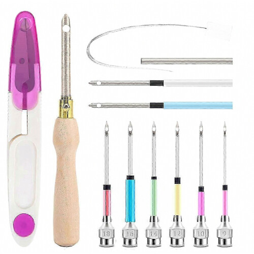 Adjustable Punch Needle Embroidery Tool with Wooden Handle, 13 Piece Floss Kit for Crafting Projects