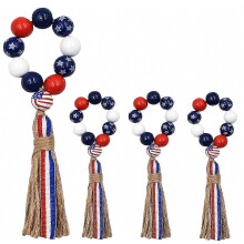 Lot de 4 ronds de serviette en perles de bois avec pompons, guirlandes décoratives pour la fête nationale américaine.