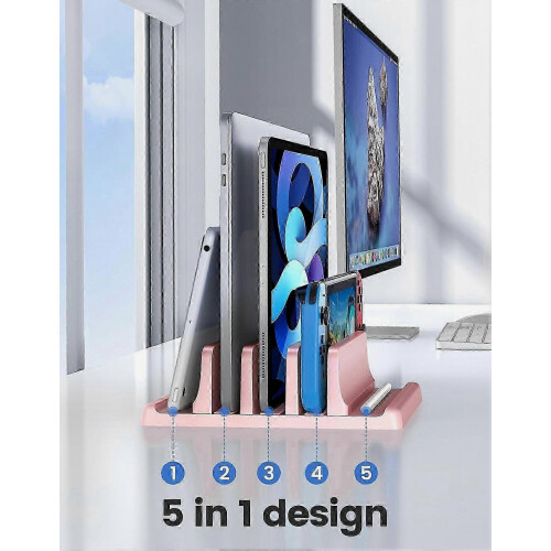 Vertical Laptop Stand with 3 Slots, Adjustable Width Desk Holder, Space-Saving Tablet Stand, Pink 2
