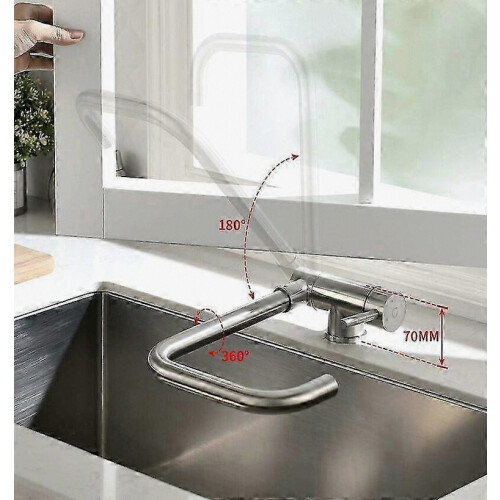 Under Window Folding Kitchen Mixer Tap, 2 Spray Modes, 360-Degree Swivel Spout, Brushed Finish 1