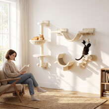 PawHut 4 Piece Cat Wall Furniture Hammock Ladder Steps Plush Sisal Beige