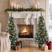 HOMCOM 4ft Pre-Lit Slim Artificial Christmas Tree Set of 2, 140 Frosted Tips