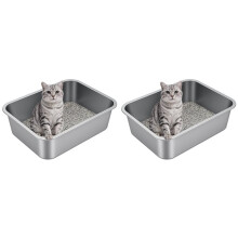 2X Katzentoilette Aus Edelstahl, Hochwandig, Antihaftbeschichtet, Leicht zu Reinigen, Ideal für Haushalte mit Mehreren Katzen