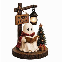 Figurine de fantôme d'Halloween - Statue vintage de chien de lecture avec lanterne pour cheminée ou bureau