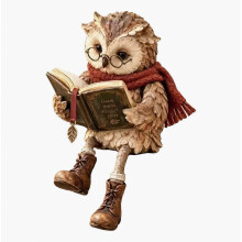 Figurine de hibou en train de lire – Statuette créative avec lunettes, écharpe et livre – pour coin lecture et étagère