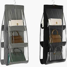 Hanging Handbag Organizer, 2 Pieces, 6 Dustproof Pockets, Storage Bag for Wardrobe, Closet, Space-Saving Organizer System, Washable (Black+Grey)