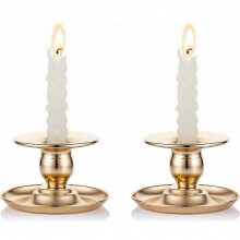 2-Piece Gold-Plated Brass Chamberstick Candle Holder, Suitable for Candles, Candlesticks, Tealights, and Pillar Candles - for Window and Mantel D