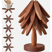 Untersetzer aus Holz für heiße Speisen, baumförmiges Untersetzer-Set, 4 Untersetzer aus Walnussholz + 1 Ständer, faltbar wie ein Weihnachtsbaum,