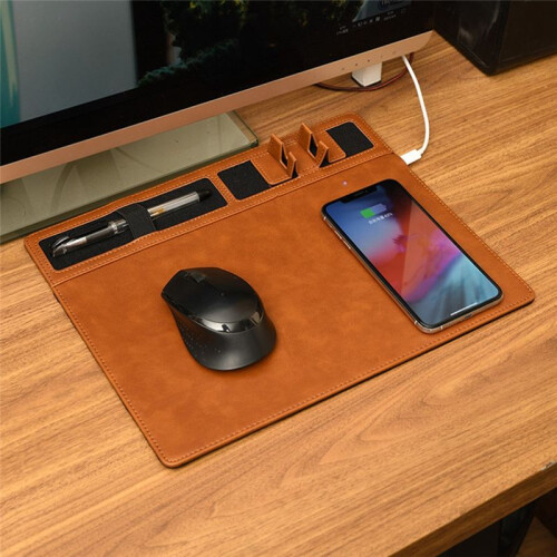 Gaming Mousepad 15W Wireless Charging Brown PU Leather for Office Desk Home 2