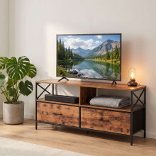 Mueble de TV industrial negro con almacenamiento, 120 cm