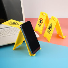 Desk Phone Stand with Warning Sign & Mirror, Foldable Portable Creative Desktop Decoration