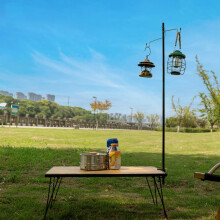 (Black) Outdoor Folding Lamp Stand Camping Light Bracket Aluminum Alloy Tabletop & Ground Insert Adjustable Hanging Pole with Camp Hook