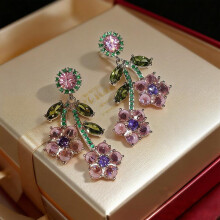 (Pink) 2026 Spring Cherry Blossom Earrings, Micro Pave Zircon Pink Green Crystal Silver Needle Studs