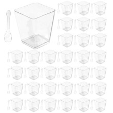 50 Plastic Dessert Cups - Trapezoidal Clear Cups with 50 Spoons for Parties, Catering, and Buffets.