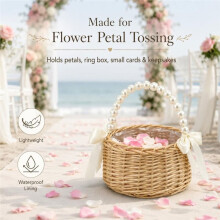 Wicker Rattan Flower Girl Basket with Pearl Handle and Bow, for Wedding,Crafted with Indonesian Rattan & Technique,Gift