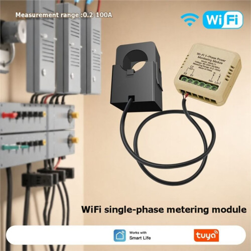 Tuya WiFi  1-Phase  Power Meter 100A Monitoring Module Bidirectional with Current Transformer Sensor Clamp