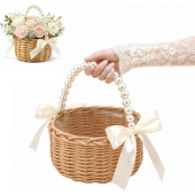 Wicker Rattan Flower Girl Basket with Pearl Handle and Bow, for Wedding,Crafted with Indonesian Rattan & Technique,Gift