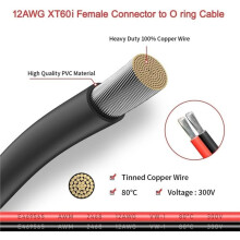 XT60i Naar O- Aansluitkabel, 12AWG 60 cm XT60i Female Naar O- Connector met Vertinde Draad, voor RC-Accu'S en Zonnecellen