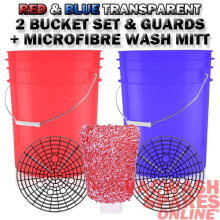RED & BLUE WASH BUCKET SET- DETAIL BUCKETS- BUCKET BARRIER GUARD SHIELD- MITT