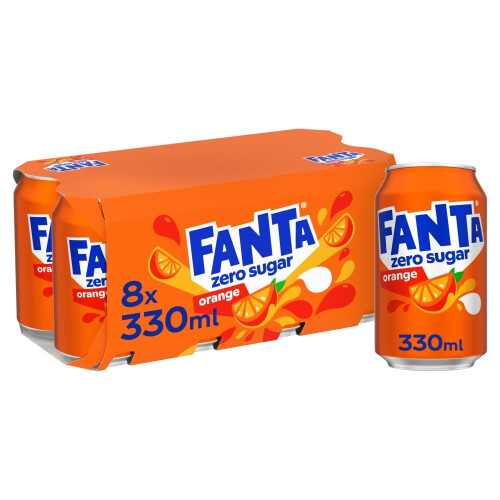 Fanta Fanta Zero Orange Soft Drink Cans, 8 x 330 mL