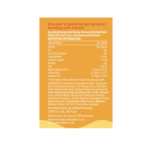 Rubicon Rubicon Spring Orange Mango Sparkling Flavoured Water, 12 Pack, 330ml Cans 2