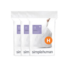 simplehuman Code H 60 Liners, 50% Recycled Custom Fit Bin Bags in Dispenser Packs with Durable Drawstring Tie Handle, 30-35L, White