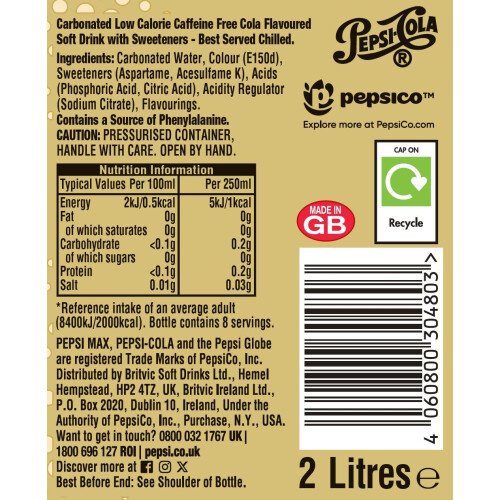 Pepsi Pepsi Max Caffeine Free Cola | 2L Bottle 1
