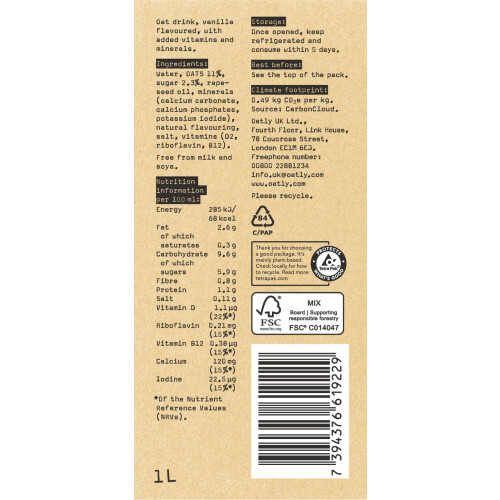Oatly Vanilla Drink 1 Litre (Pack of 6) 1
