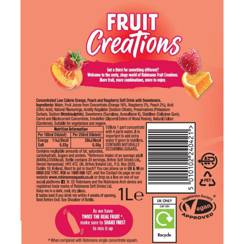 Robinsons Fruit Creations Real Fruit Squash, 1L, Peach and Raspberry 2