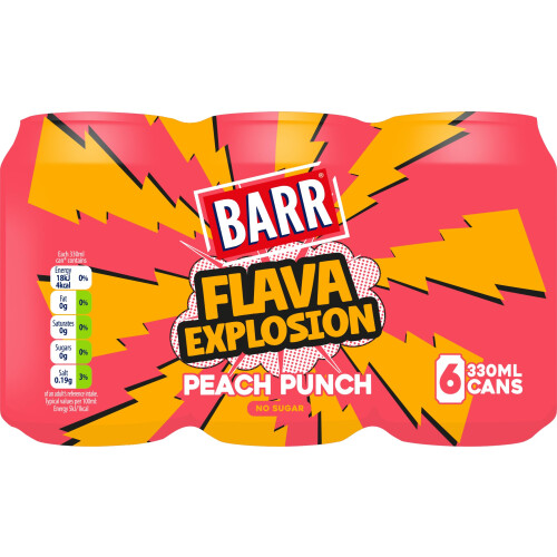 Barr Barr Flava Explosions Peach Punch Sparkling Soft Drink, 6 Pack, 330ml Cans