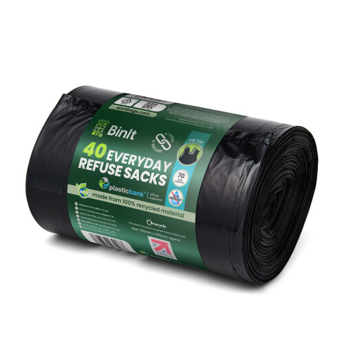 BIN IT 40 Tie Top Refuse Sacks, 70L, Strong, Recycled, 30μm 2