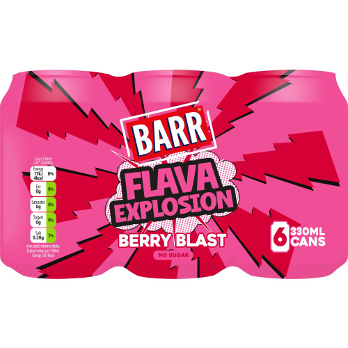 Barr Barr Flava Explosions Berry Blast Sparkling Soft Drink, 6 Pack, 330ml Cans