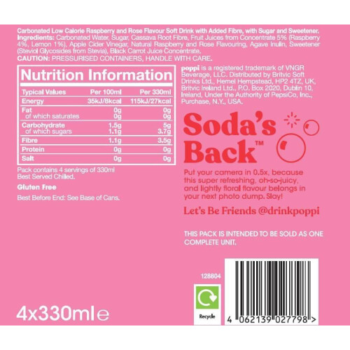 poppi Raspberry Rose Sparkling Soda | 330ml Can| 4 Pack 2