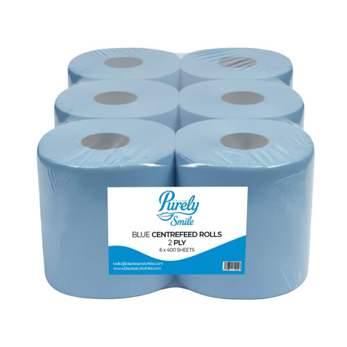 Blake & White Centrefeed Blue Rolls 6 Pack - 2 Ply, 400 Sheets, Strong, Ultra Absorbent