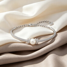 2026 New Bracelet Silver Pave Crystal Bow White Pearl Thin Bangle, Minimal Elegant Ladies Stackable Wrist Bracelet 5461083