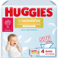 Huggies Extra Care Sensitive Baby Wipes, 12 Pack (576 Wipes), Plastic Free, 99% Water, Fragrance Free, Hypoallergenic, Extra Soft.