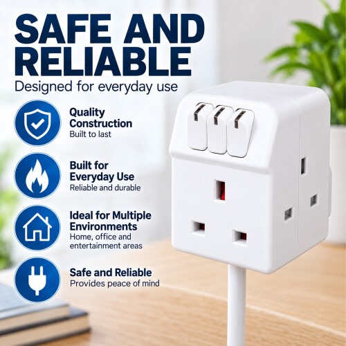 Masterplug 3 Socket Switched Extension Lead White 2 Metre 2