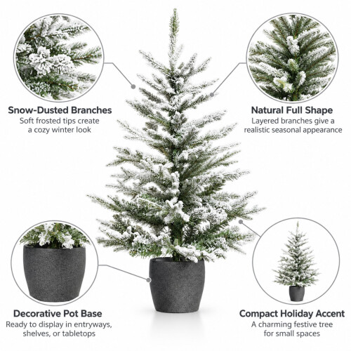 Snowy Pine Potted Christmas Tree with Stone Effect Base 1