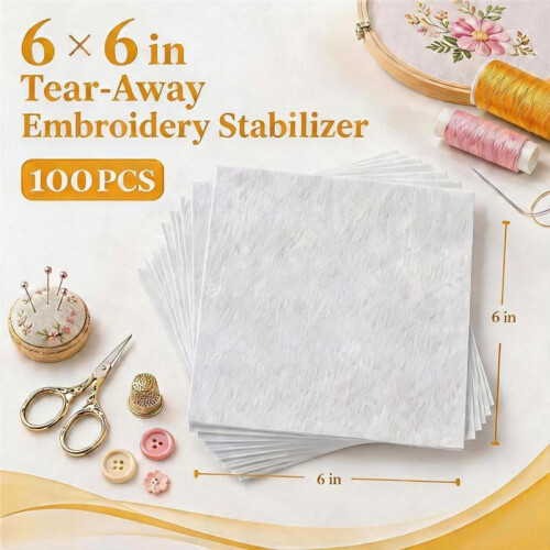 Cut Away Embroidery Stabilizer 6"X6" 100 Sheets, Medium Weight Backing for Machine & Hand Sewing 2