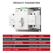 Commutateur de Transfert Automatique (ATS) Monophasé 2P 63A à Double Alimentation Électronique pour Système PV, Commutation Rapide Entièrement